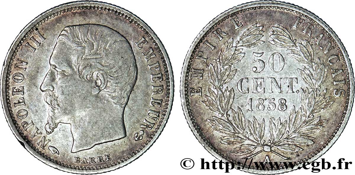 50 centimes Napoléon III, tête nue 1858 Paris F.187/9 XF42 