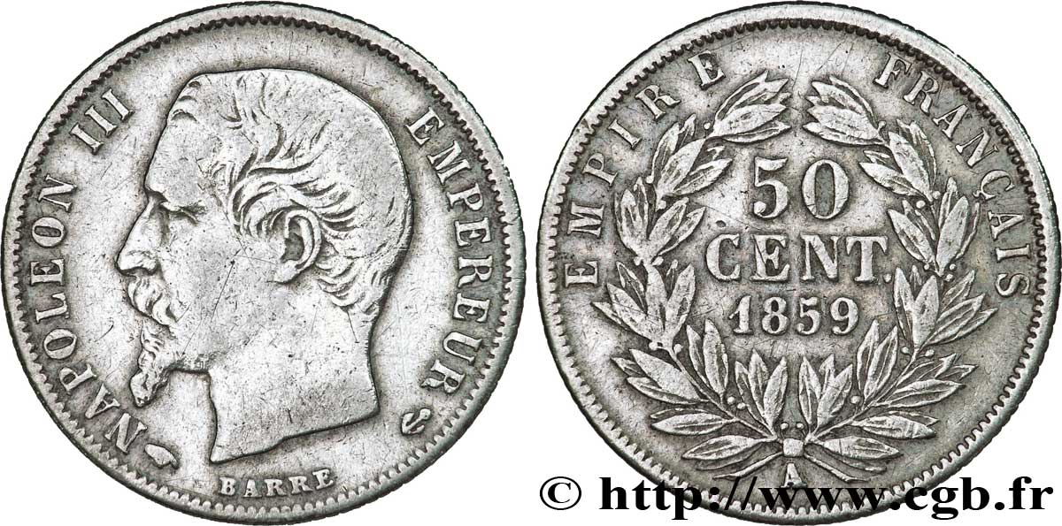 50 centimes Napoléon III, tête nue 1859 Paris F.187/10 TB35 