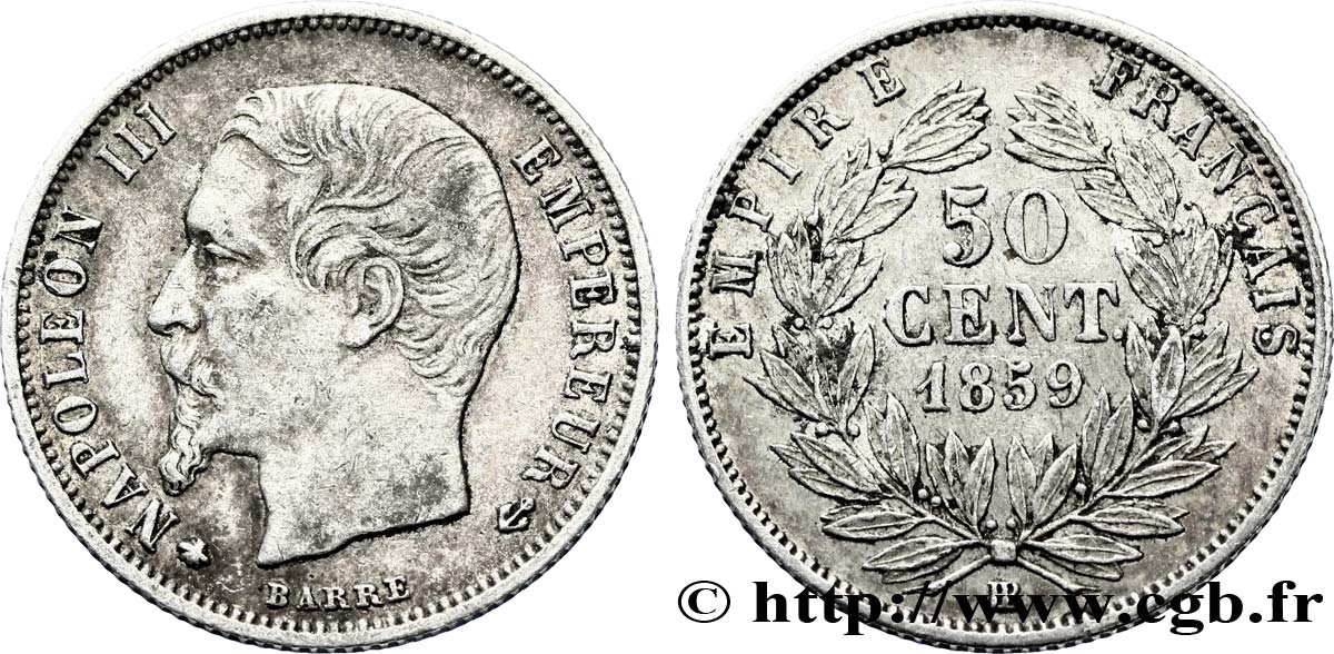 50 centimes Napoléon III, tête nue 1859 Strasbourg F.187/11 XF45 