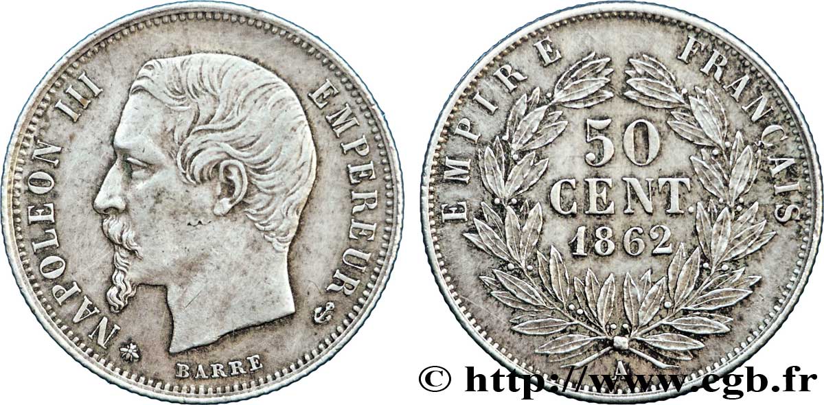 50 centimes Napoléon III, tête nue 1862 Paris F.187/16 XF48 