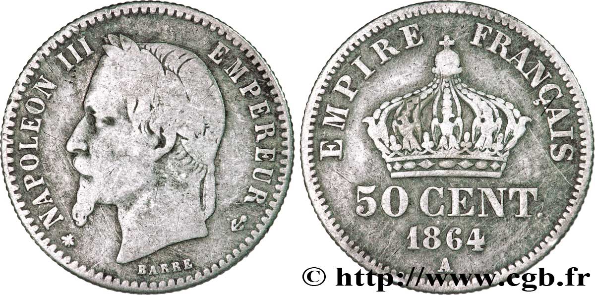 50 centimes Napoléon III, tête laurée 1864 Paris F.188/2 MB15 
