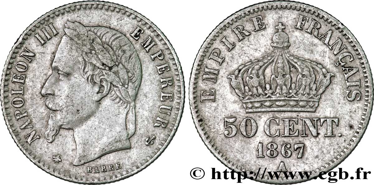 50 centimes Napoléon III, tête laurée 1867 Paris F.188/13 MB30 