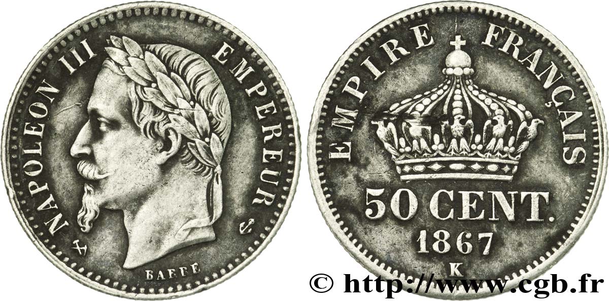 50 centimes Napoléon III, tête laurée 1867 Bordeaux F.188/18 BB48 