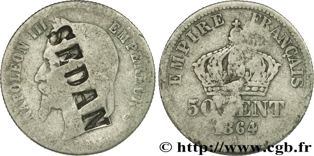 50 centimes Napoléon III, tête laurée, contremarqué SEDAN 1864 Paris F.188/2 G6 