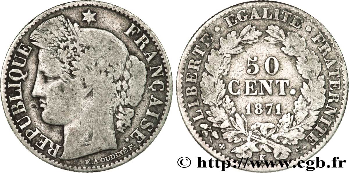 50 centimes Cérès, IIIe République 1871 Bordeaux F.189/2 TB15 