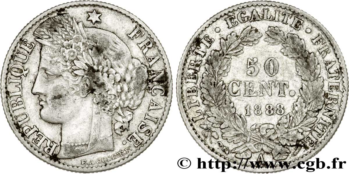 50 centimes Cérès, IIIe République 1888 Paris F.189/13 XF40 