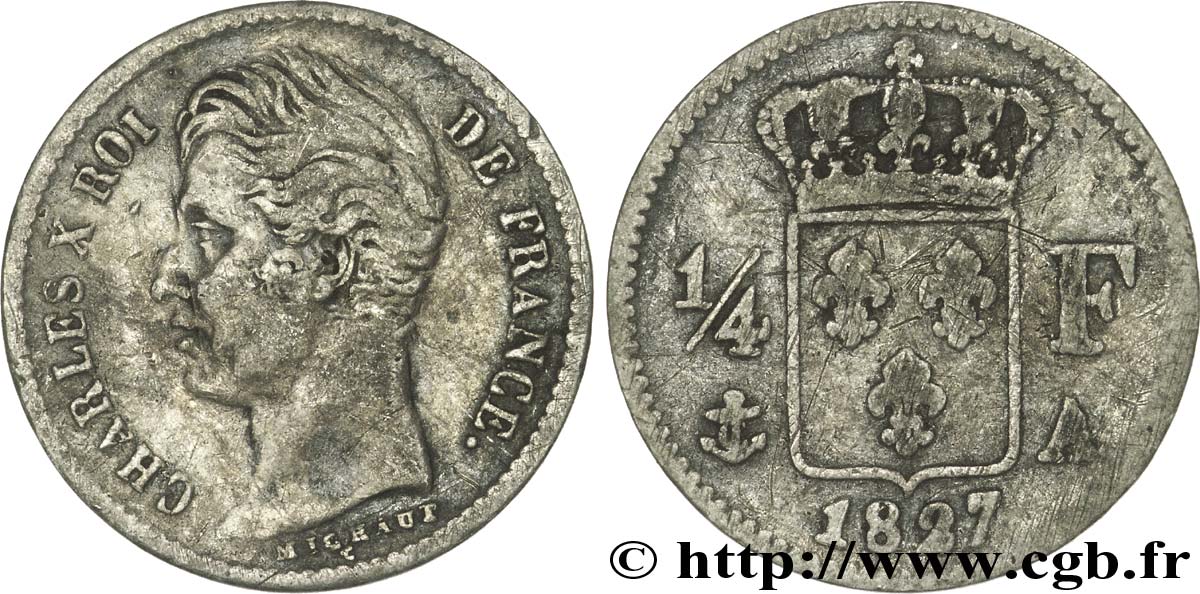 1/4 franc Charles X 1827 Paris F.164/10 TB20 