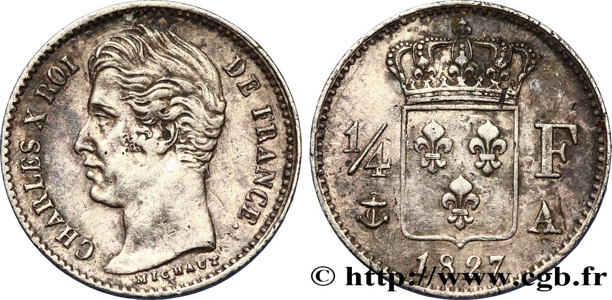 1/4 franc Charles X 1827 Paris F.164/10 MBC48 