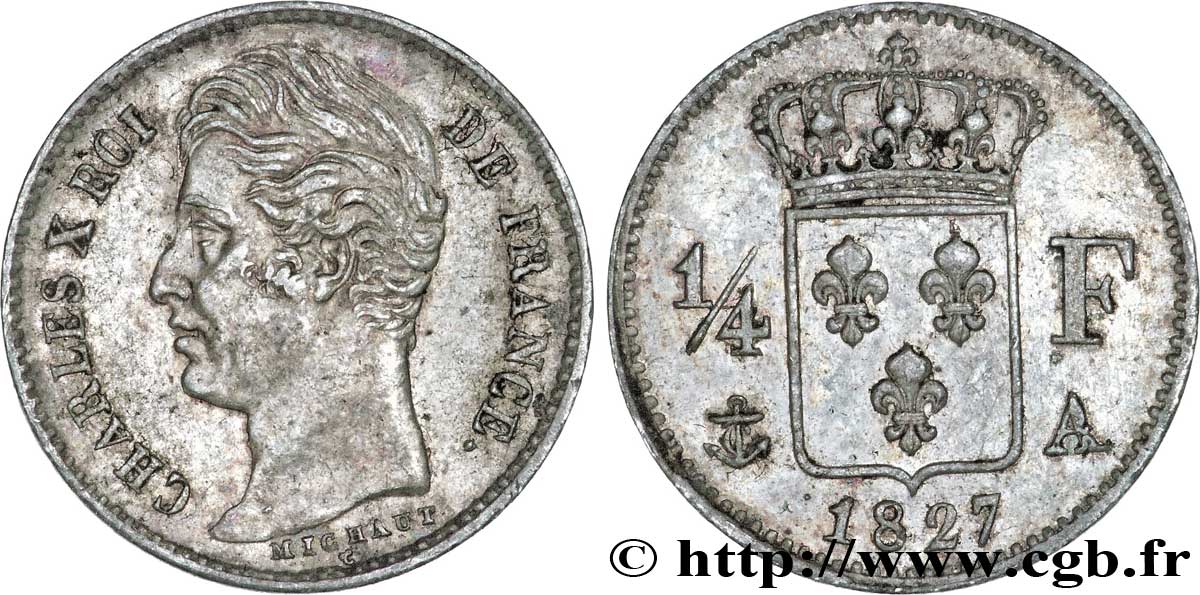 1/4 franc Charles X 1827 Paris F.164/10 SS50 