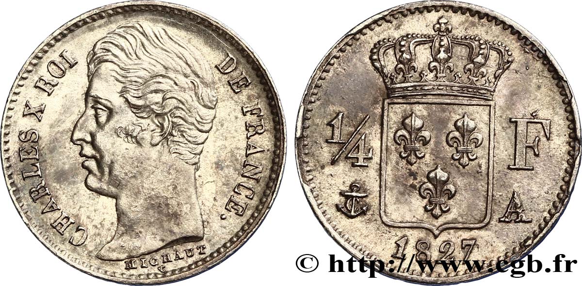 1/4 franc Charles X 1827 Paris F.164/10 SUP60 