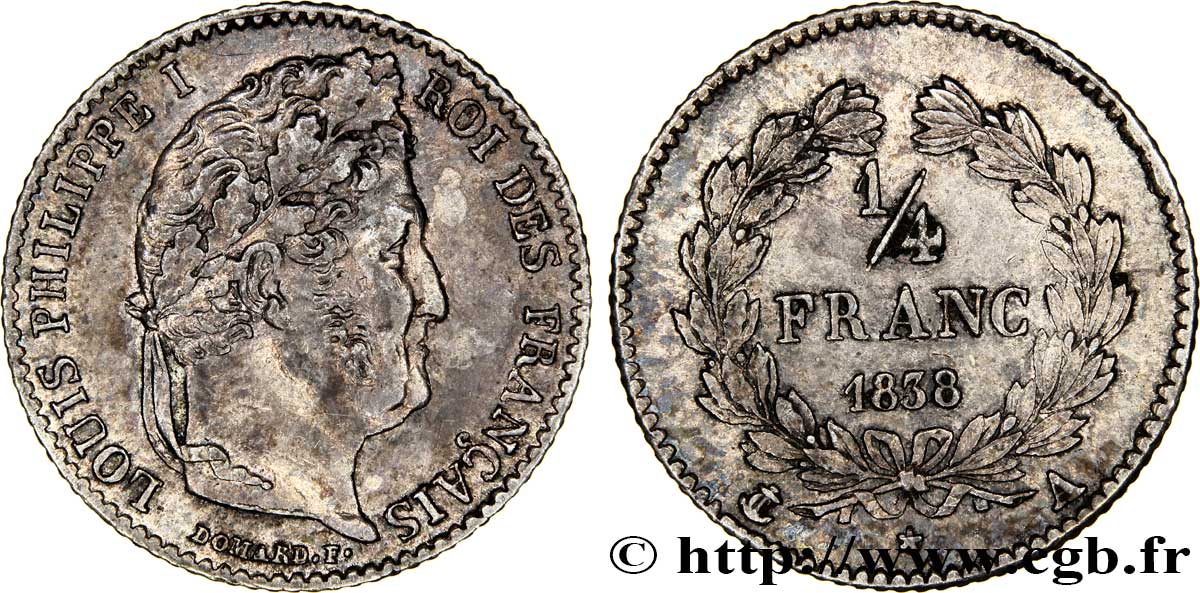 1/4 franc Louis-Philippe 1838 Paris F.166/69 AU55 