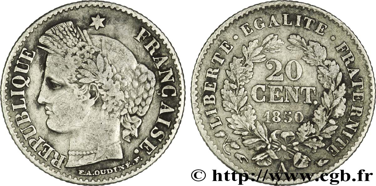 20 centimes Cérès, IIe République 1850 Paris F.146/2 TB18 