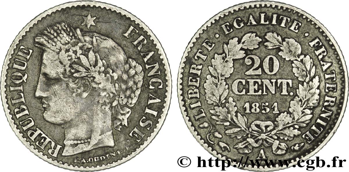 20 centimes Cérès, IIe République 1851 Paris F.146/7 TTB40 