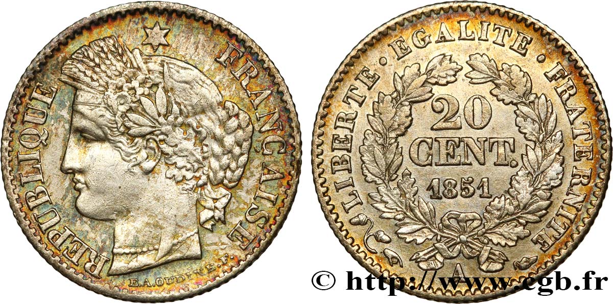 20 centimes Cérès, IIe République 1851 Paris F.146/7 XF45 