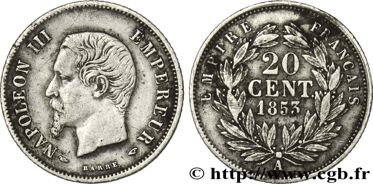 20 centimes Napoléon III, tête nue 1853 Paris F.148/1 VF30 