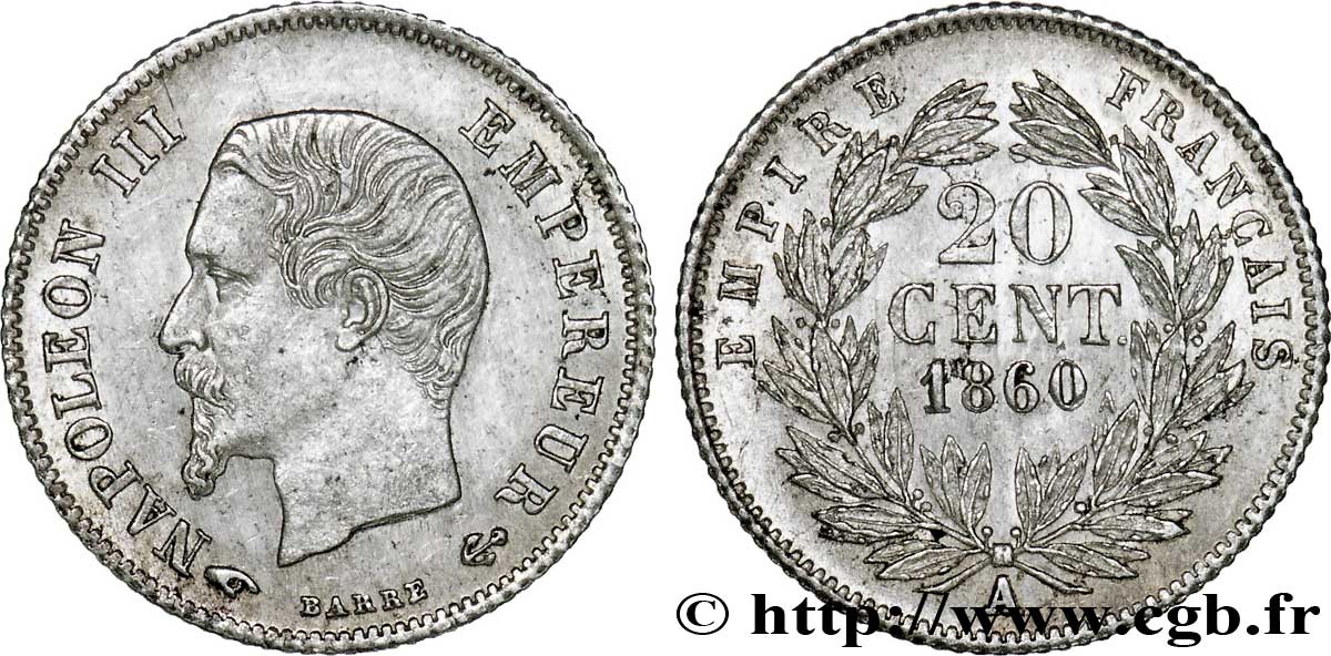 20 centimes Napoléon III, tête nue 1860 Paris F.148/14 SUP60 