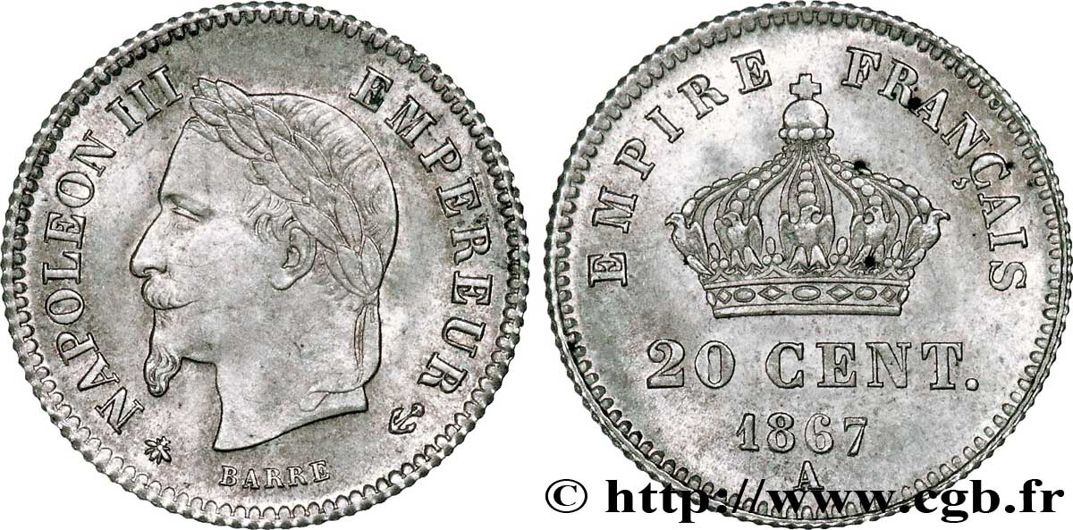 20 centimes Napoléon III, tête laurée, grand module 1867 Paris F.150/1 VZ62 