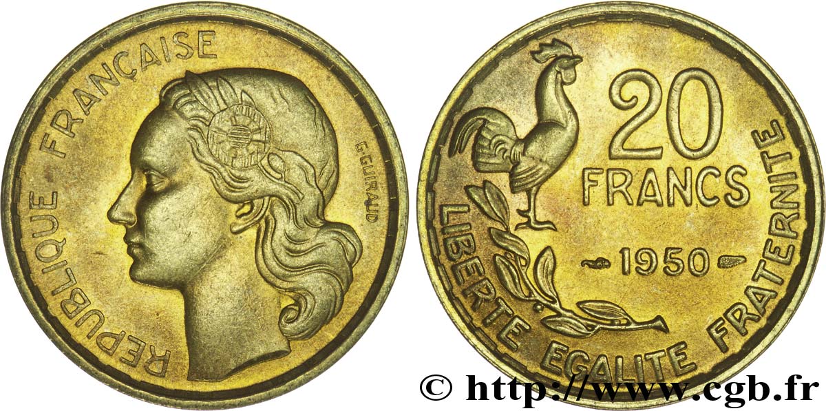 Pièce France 20 Francs Guiraud 1950 ESSAI SPL, Bronze-aluminium, Tirage 1700 Ex