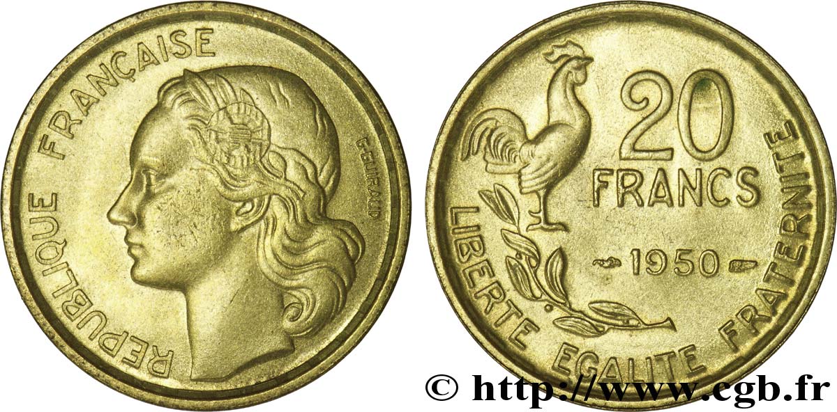 20 francs G. Guiraud, 4  faucilles 1950  F.402/3 SUP62 