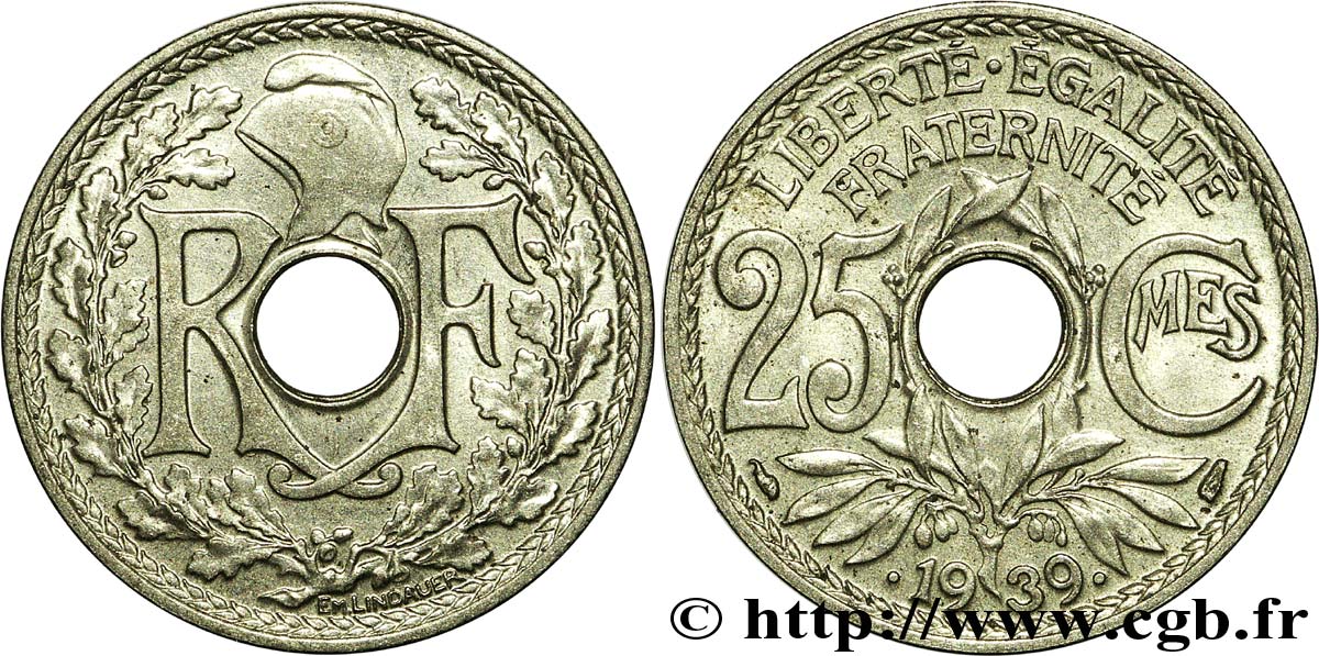 25 centimes Lindauer, maillechort 1939  F.172/3 TTB50 