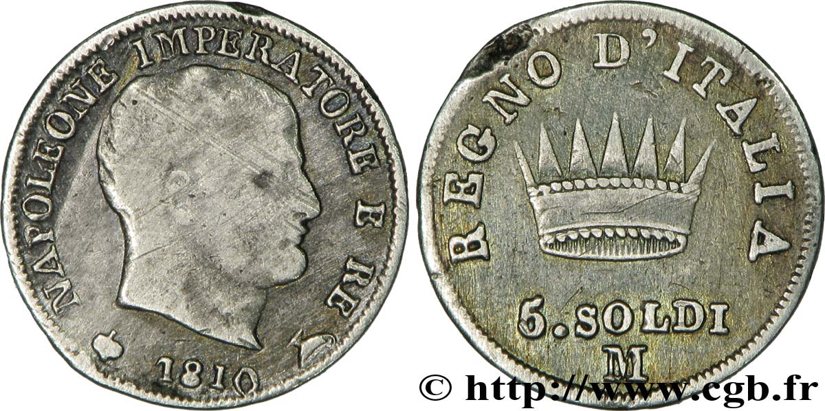 5 soldi Napoléon Empereur et Roi d’Italie 1810 Milan M.280  SS40 