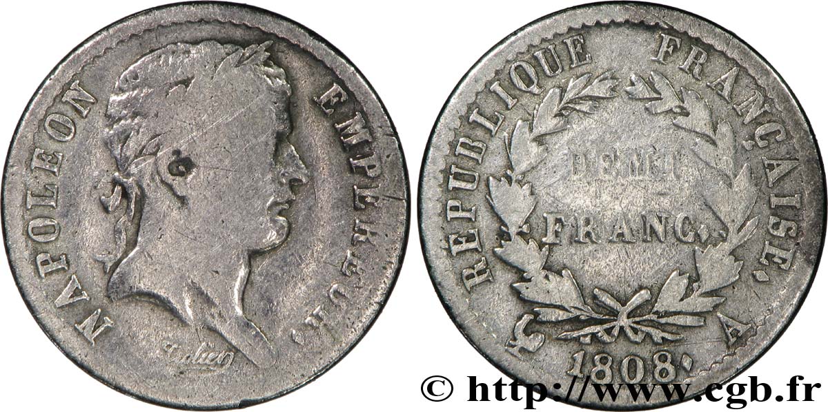 Demi-franc Napoléon Ier tête laurée, République française, axe à 5h 1808 Paris F./ B8 