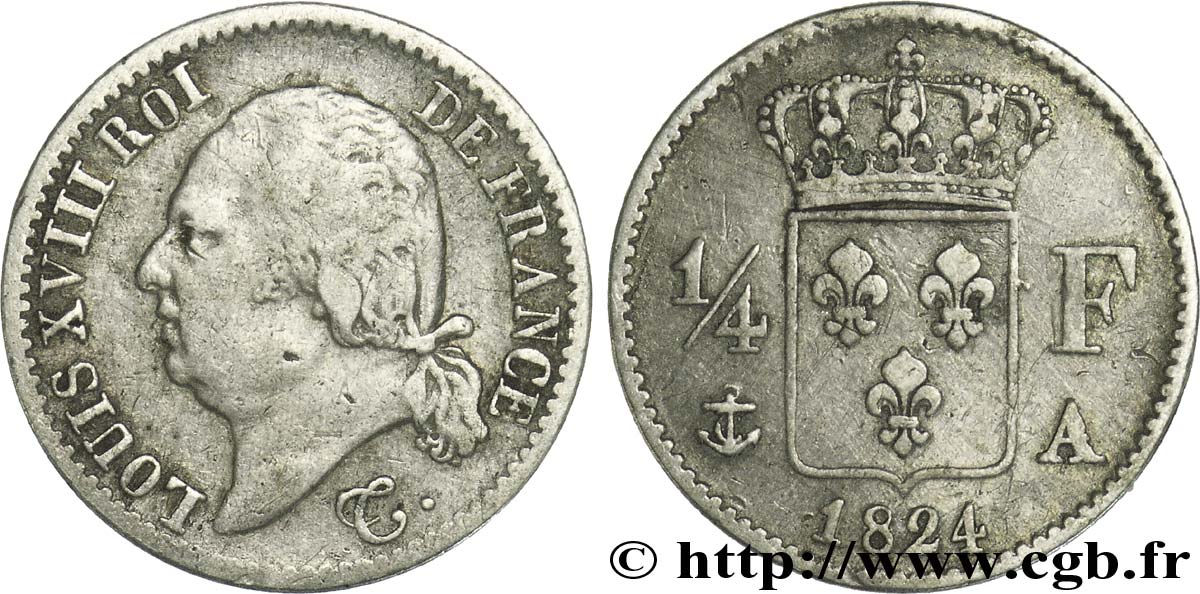 1/4 franc Louis XVIII 1824 Paris F.163/31 VF35 