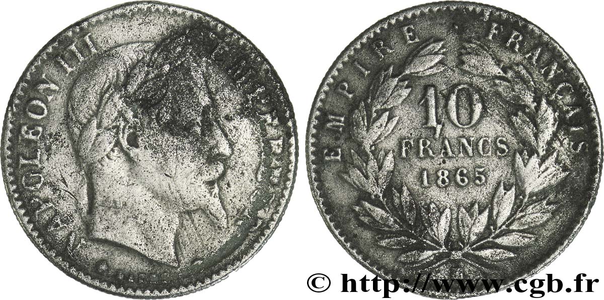 Faux de 10 francs or Napoléon III, tête laurée 1865 Strasbourg F.507A/10 var. MBC40 