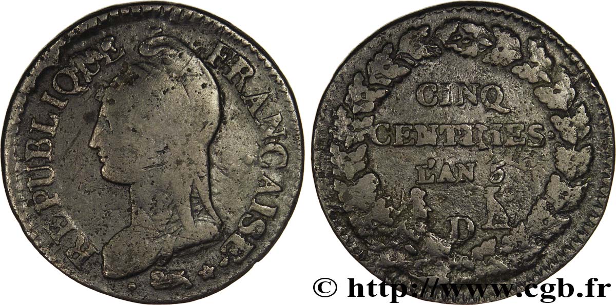Cinq centimes Dupré, grand module,  refrappage  du décime 1797 Lyon F.114/7 TB15 
