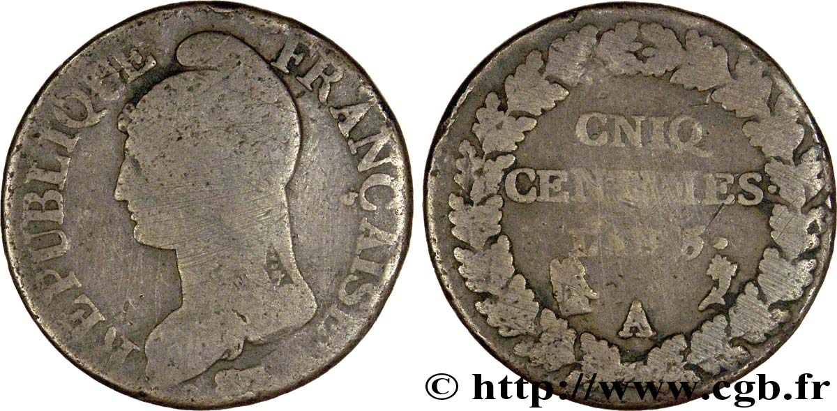 Cinq centimes Dupré, grand module, CNIQ 1797 Paris F.115/5 B8 
