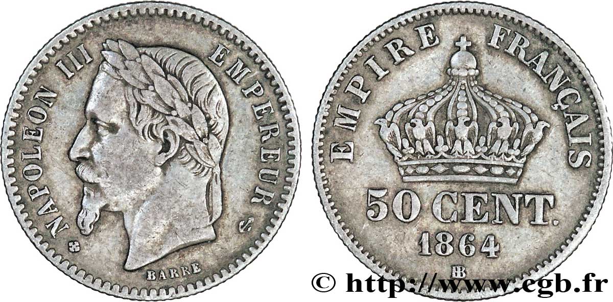 50 centimes Napoléon III, tête laurée 1864 Strasbourg F.188/3 TTB45 