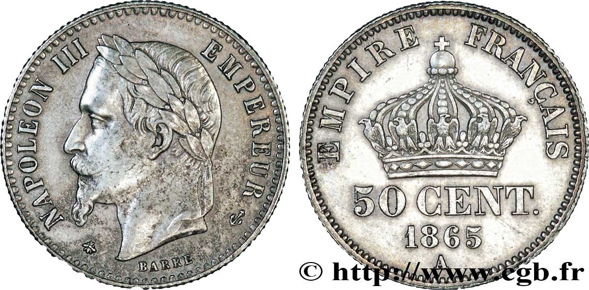 50 centimes Napoléon III, tête laurée 1865 Paris F.188/6 AU50 