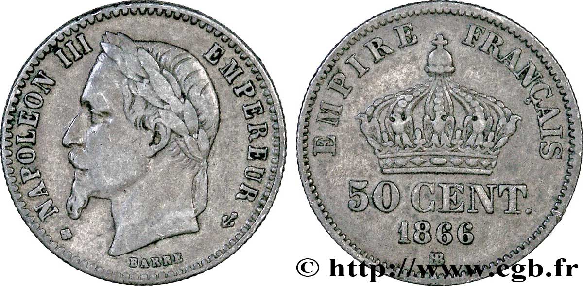 50 centimes Napoléon III, tête laurée 1866 Strasbourg F.188/10 TTB40 