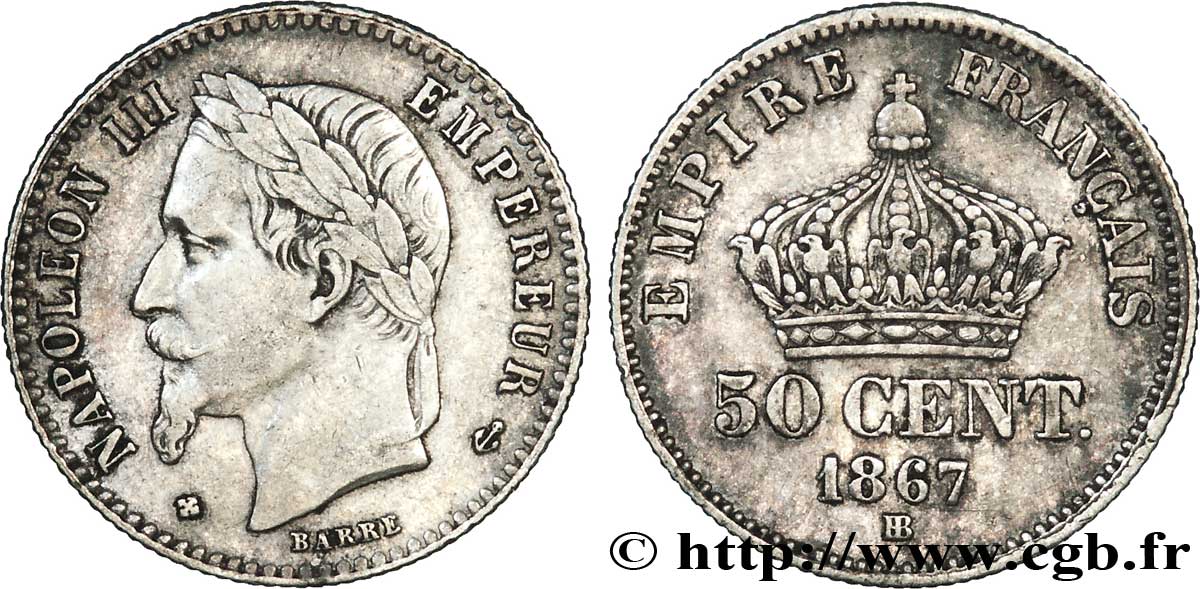 50 centimes Napoléon III, tête laurée 1867 Strasbourg F.188/17 XF45 