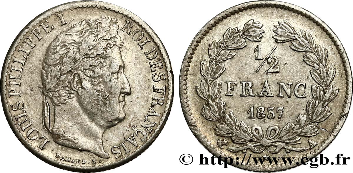 1/2 franc Louis-Philippe 1837 Paris F.182/67 SS40 