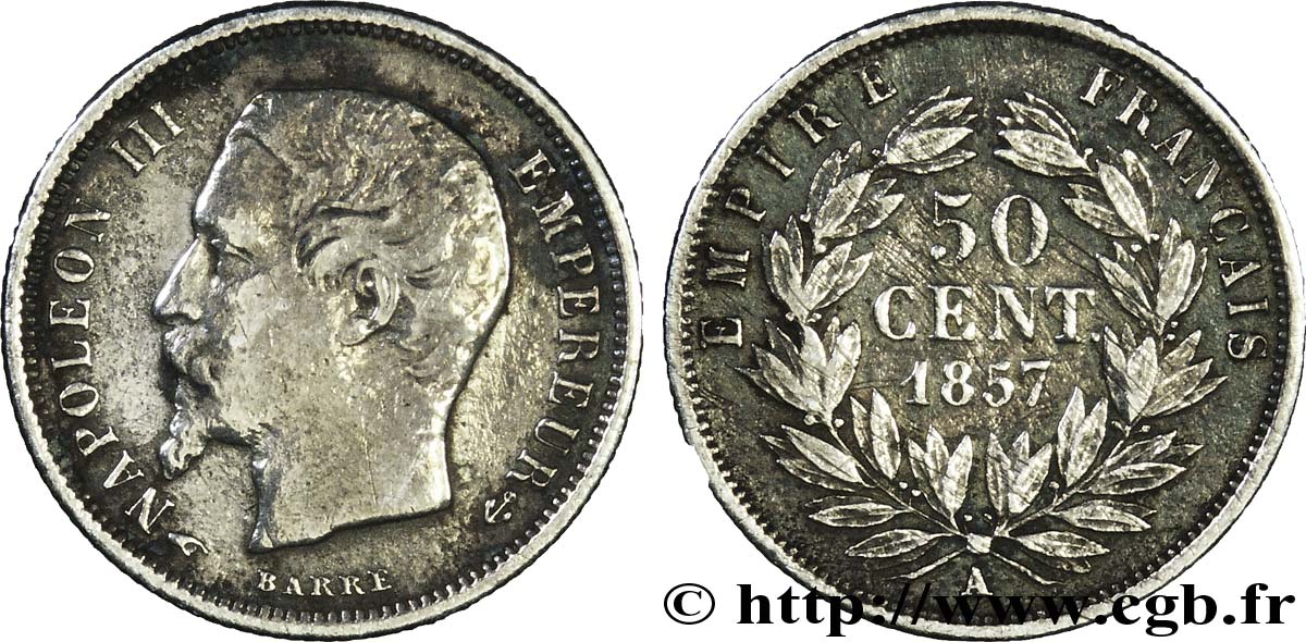 50 centimes Napoléon III, tête nue 1857 Paris F.187/8 VF30 