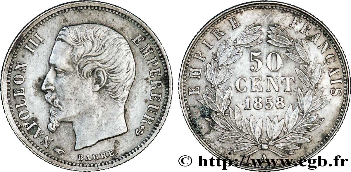 50 centimes Napoléon III, tête nue 1858 Paris F.187/9 XF48 