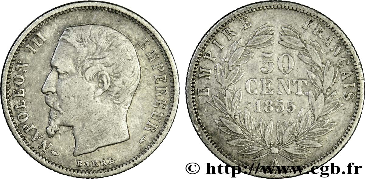 50 centimes Napoléon III, tête nue 1855 Paris F.187/3 VF30 