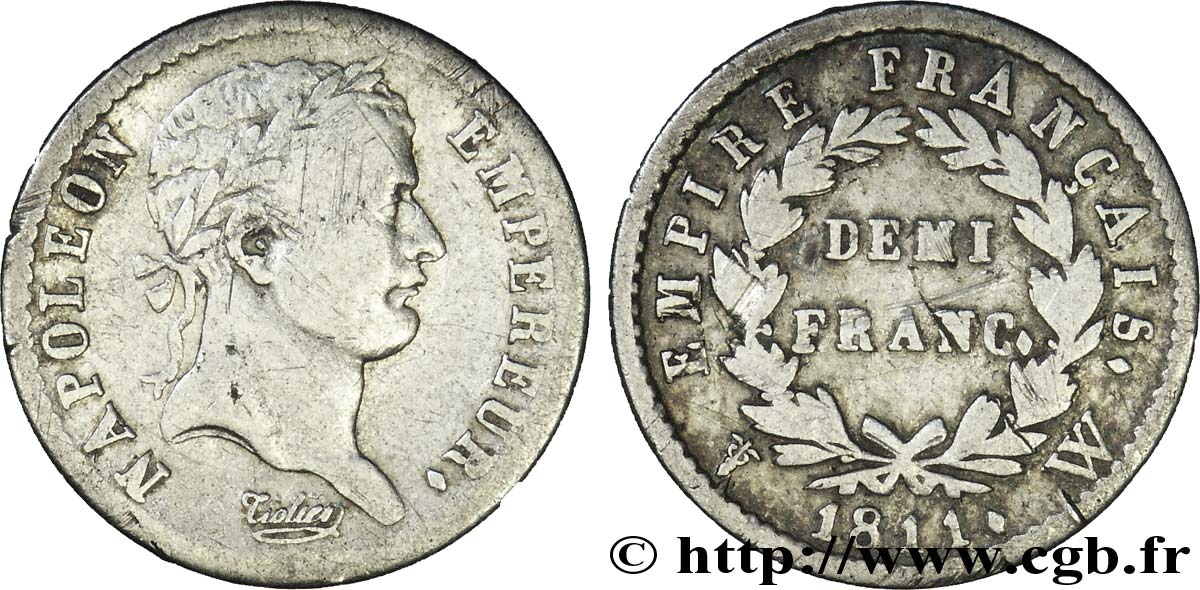 Demi-franc Napoléon Ier tête laurée, Empire français 1811 Lille F.178/34 VF25 