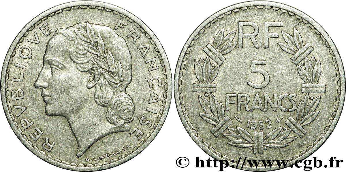 5 francs Lavrillier, aluminium 1952  F.339/22 SS45 