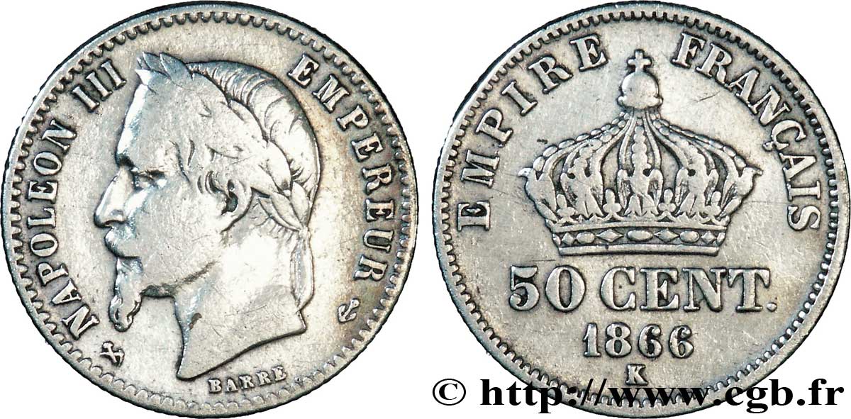 50 centimes Napoléon III, tête laurée 1866 Bordeaux F.188/11 MB15 