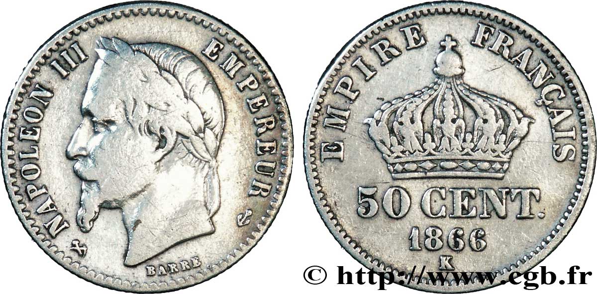 50 centimes Napoléon III, tête laurée 1866 Bordeaux F.188/11 TB15 