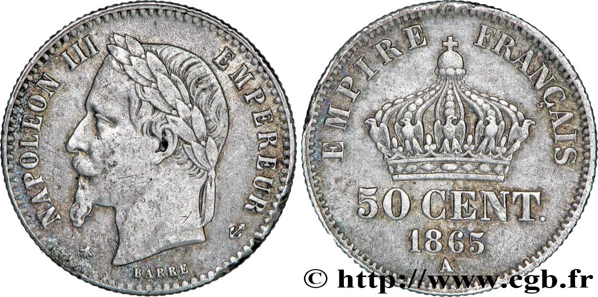 50 centimes Napoléon III, tête laurée 1865 Paris F.188/6 TTB40 