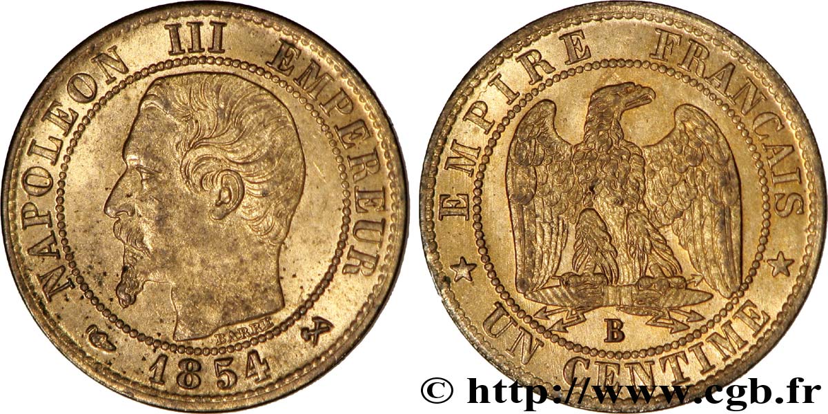 Un centime Napoléon III, tête nue 1854 Rouen F.102/10 AU58 