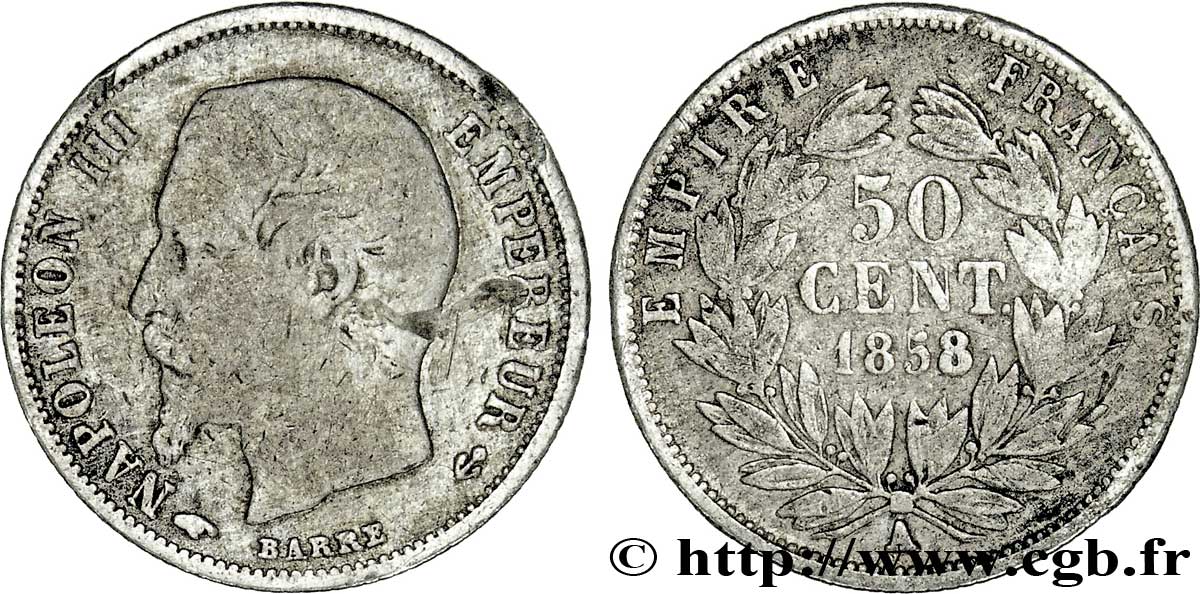 50 centimes Napoléon III, tête nue 1858 Paris F.187/9 S15 