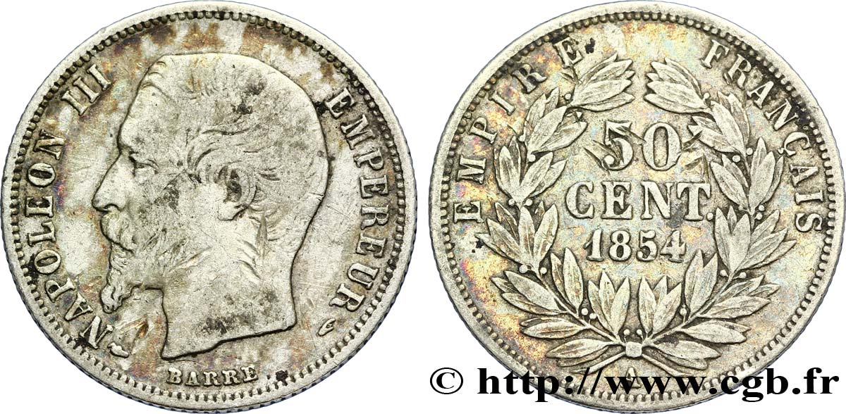 50 centimes Napoléon III, tête nue 1854 Paris F.187/2 VF30 