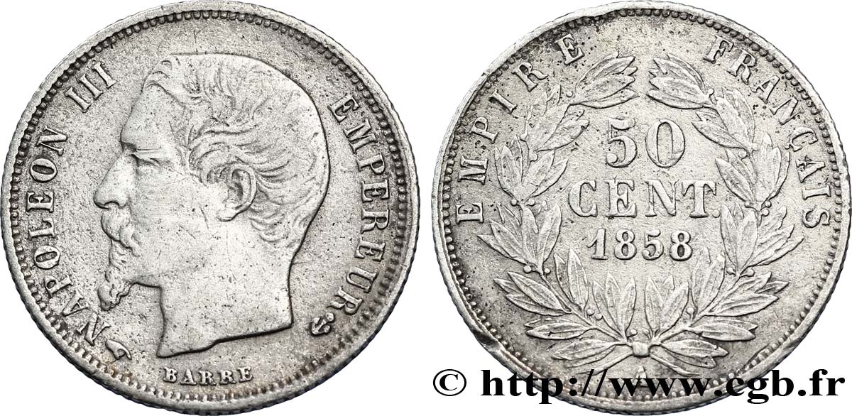 50 centimes Napoléon III, tête nue 1858 Paris F.187/9 TB39 