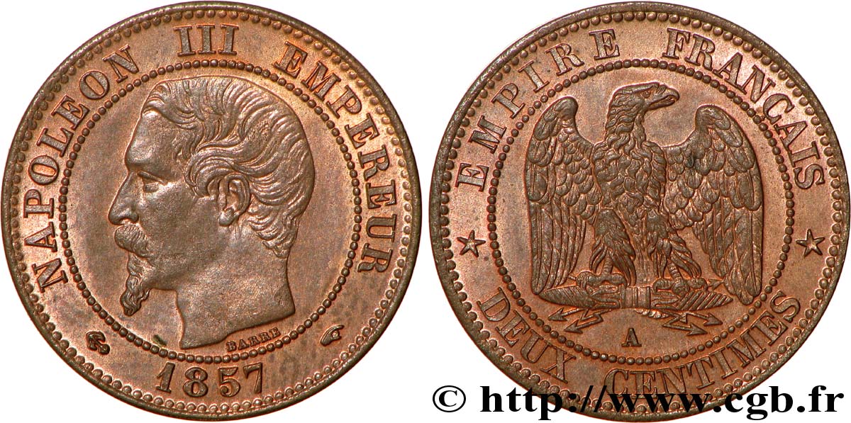 Deux centimes Napoléon III, tête nue 1857 Paris F.107/44 EBC62 