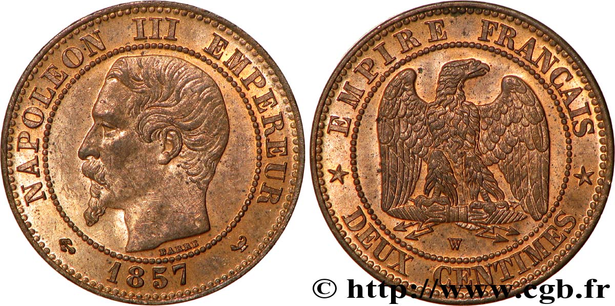 Deux centimes Napoléon III, tête nue 1857 Lille F.107/51 MS64 
