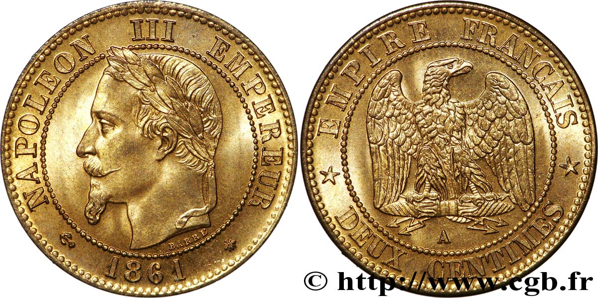 Deux centimes Napoléon III, tête laurée, buste définitif 1861 Paris F.108A/1 MS66 
